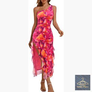 One Shoulder Mesh Ruched Bodycon Maxi Dress Formal Wedding Guest